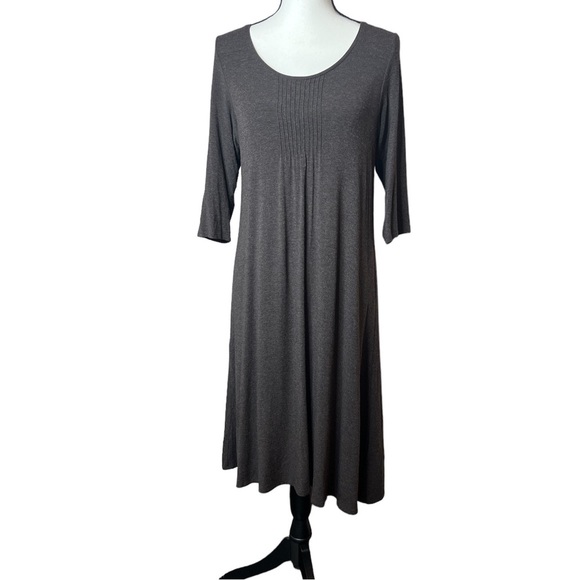 Eileen Fisher Small Ruched Front 3/4 Sleeve Taupe Midi Dress Stretchy Minimalist - Picture 1 of 6